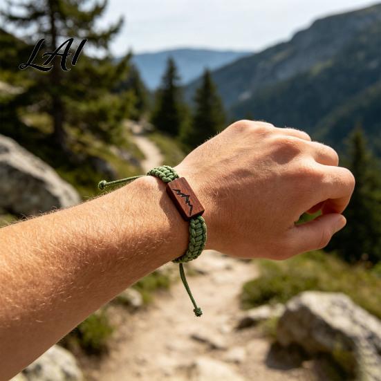 Simple Two Tone Woven Cord Adjustable Rope Bracelet with Wooden Charm Ocean Wave/Mountain for Durable Wear Resistant String Wristband Women
