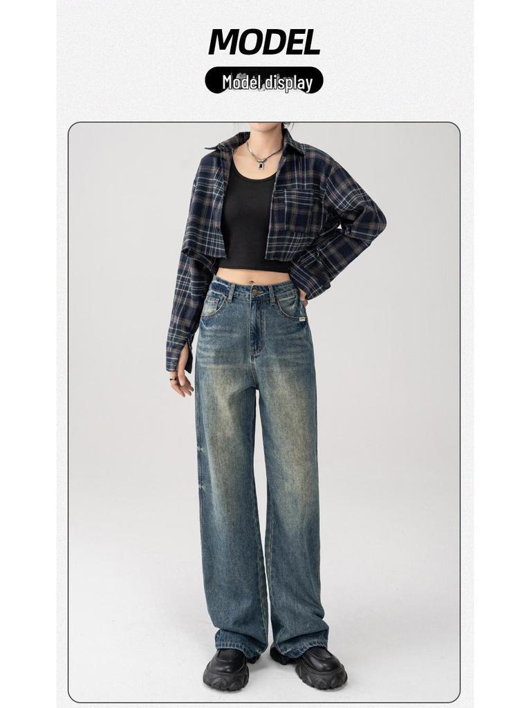 Women's High-Waist Retro Blue Wide-Leg Jeans - 2025 Summer Slim Straight Fit