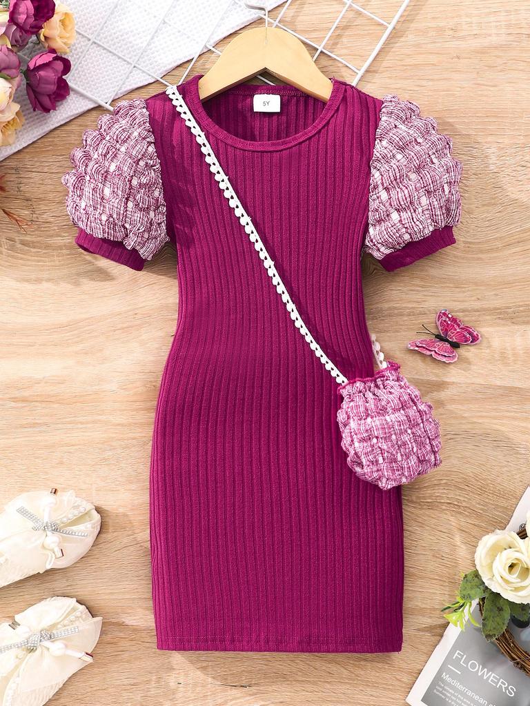 Kids' Lightweight Bubble Dress: Short Sleeve, Round Neck, Solid Color with Bubble Pockets