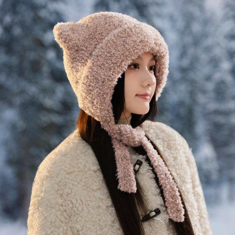 New Cute Little Bear Plush Ear Protection Hat Korean Version of Versatile Plush Thickened Warm Hat Showing Face and Small Cold Proof Hat
