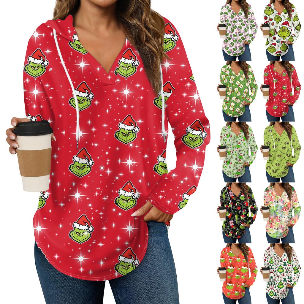 Women's Fashion Hoodies V Neck Long Sleeve Christmas Printed Drawstring Casual Loose Pullover Tops
