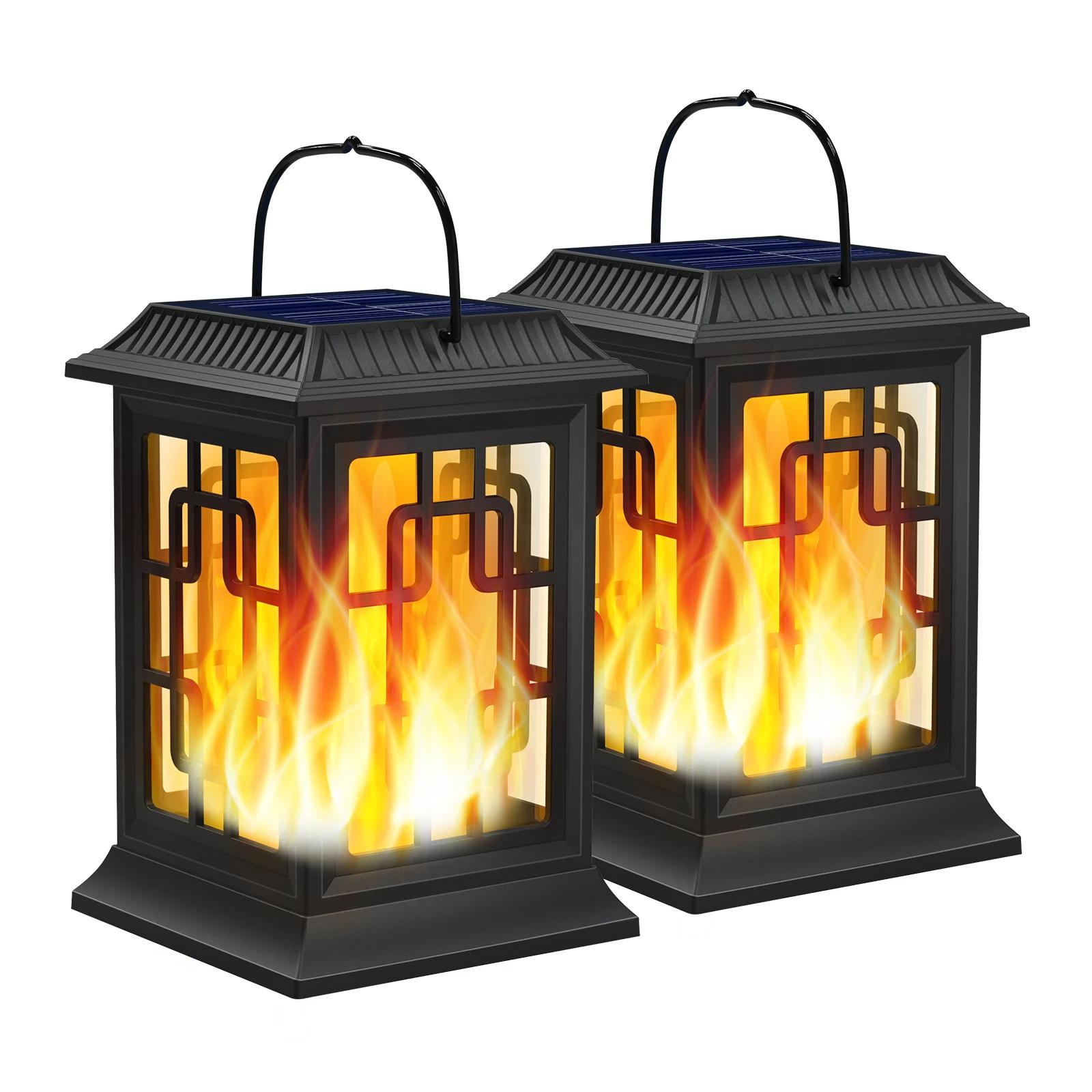

2 Pack Solar Lanterns Outdoor - Waterproof LED Flickering Flame Lights, Hanging Garden Decor with Realistic Fire Effect