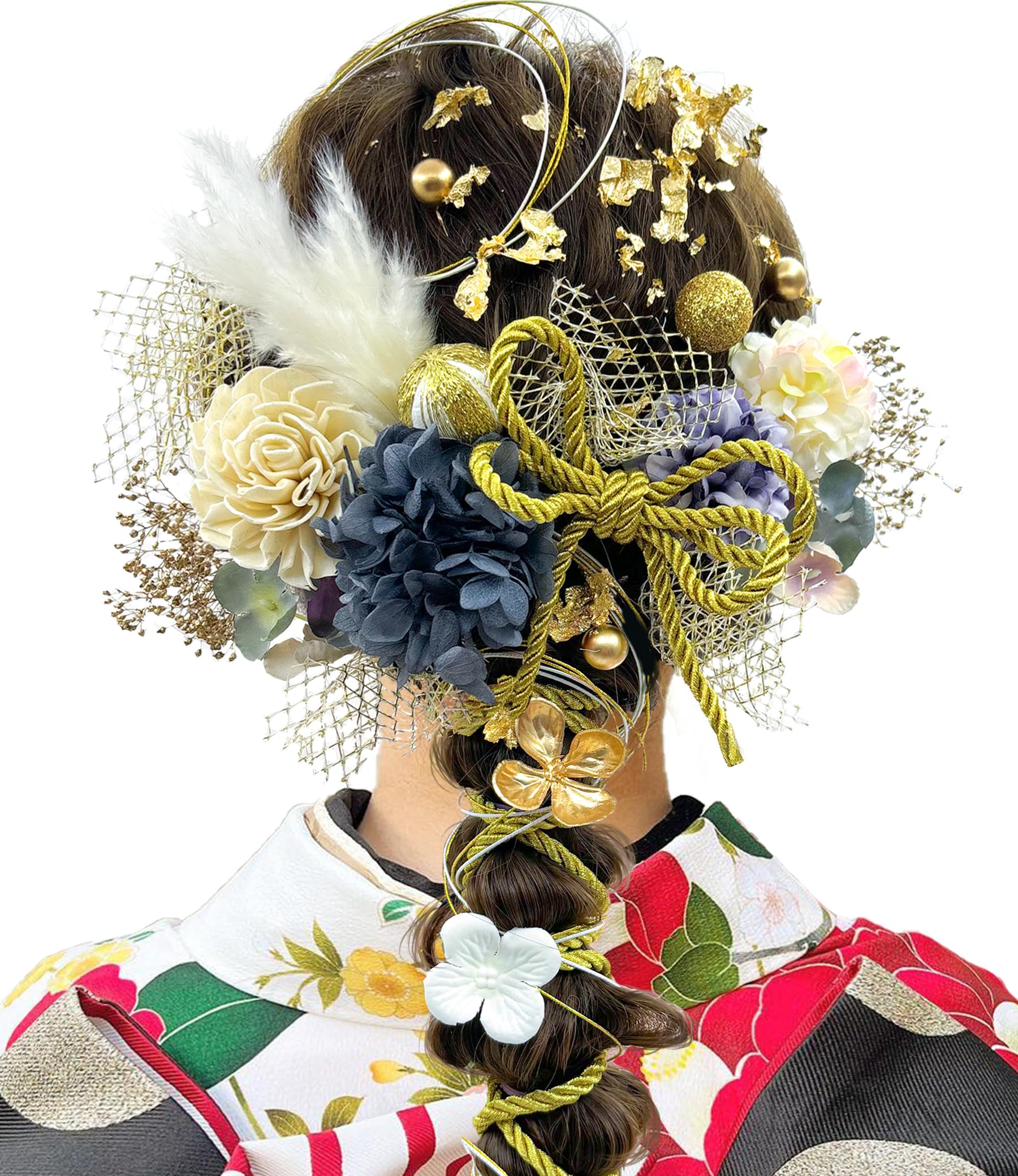 

[JZOON] Hair Ornament, 10 Colors, Dried Flowers, Artificial Flowers, Mizuhiki Cord, Hair Accessory, Japanese Ball, Baby s Breath, Gold Leaf, Popular,