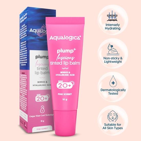 Aqualogica Pink Sorbet Plump+ Luscious Lightweight Tinted Lip Balm for Women & Men - Lip Mask with Spf 20+ with Berries -10g