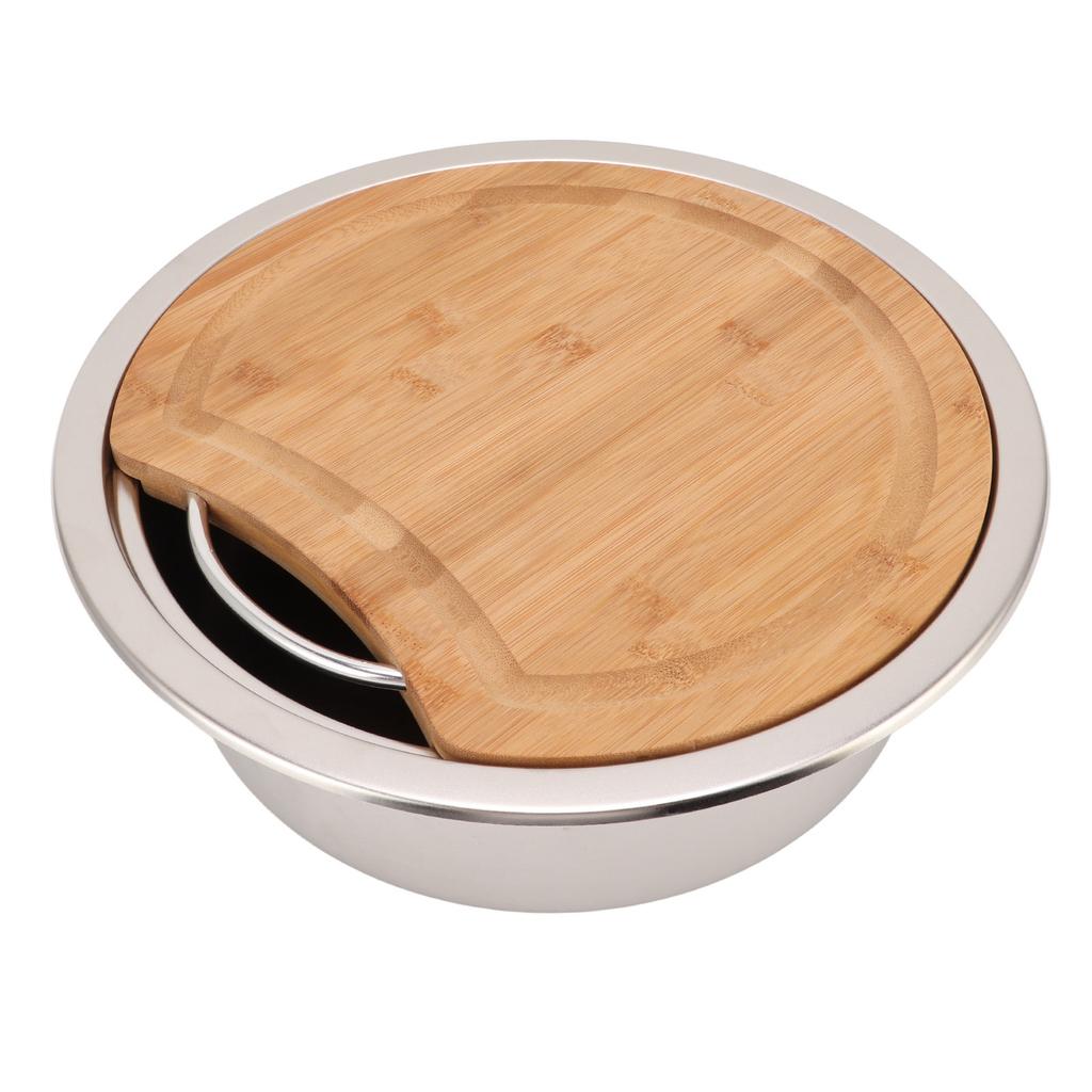 360x120mm/14.17x4.72in RV 304 Stainless Steel Sink Round Hand Wash Basin Sink with Bamboo Chopping Block for Boat Boat Sink