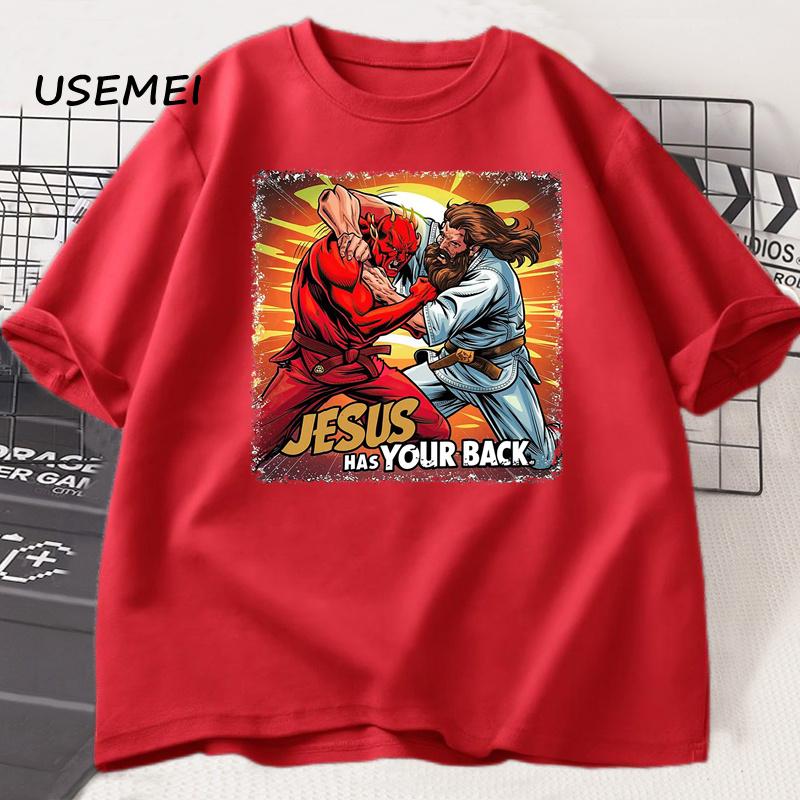 Ježíš ti kryje záda Jiu Jitsu Retro Křesťanské Tričko Pánské Bavlněné Tričko s Krátkým Rukávem Streetwear Unisex Oblečení Grafická Trička