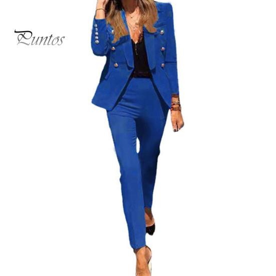 

2 шт./комплект женский деловой пиджак брюки комплект с длинными рукавами декорированный пуговицами лацкан кардиган средней длины пиджак прямые брюки с высокой талией формальный деловой 2XL синий