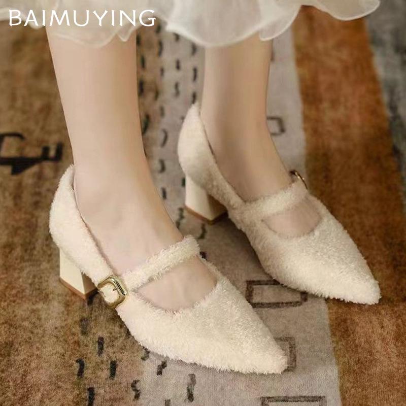 Chunky Fur Shallow Women Shoes Pointed Toe Elegant Mid Heels Shoes 2025 Trend Designer Buckle Pumps Winter Fashion Mujer Zapatos