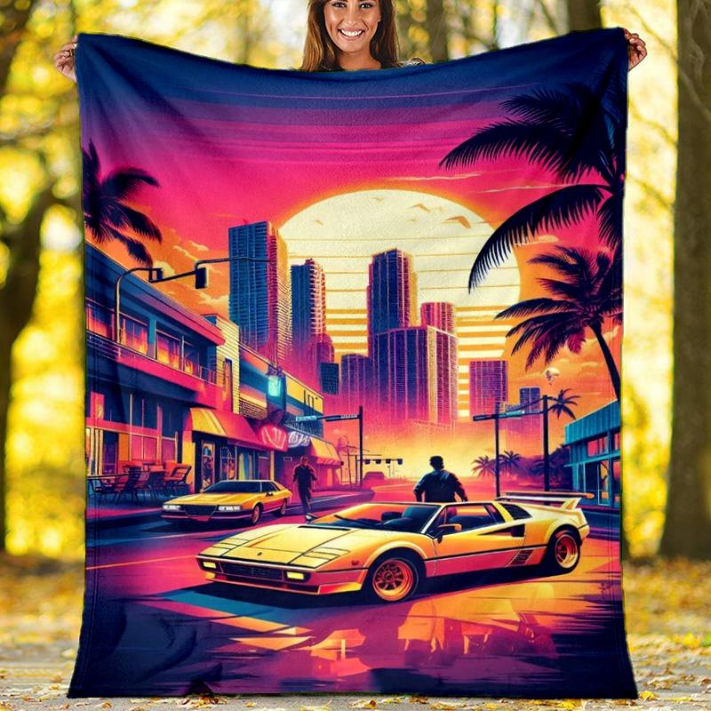Miami Retro Sports Car Neon Scenery Fleece Printed Flannel Blanket, Warm Soft Throw Sofa Bed Blanket