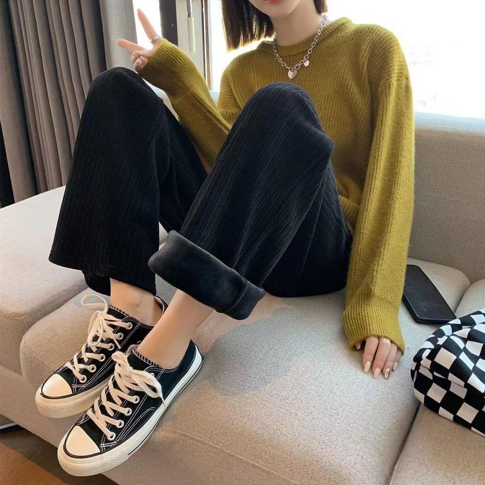 Cord Wide Leg Hose Damen Creme Hose Fleecegefüttert Hohe Taille Gerader Schnitt Fließend Chenille Lässig Herbst Winter