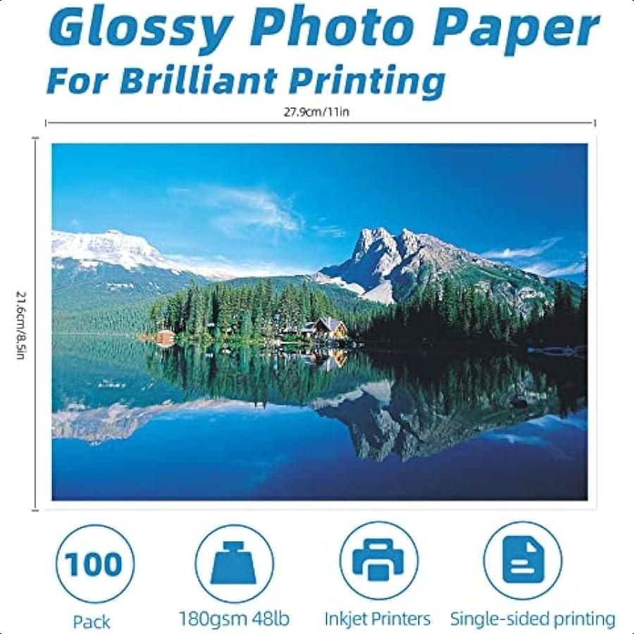 

100 листов Фотобумага для струйной печати Глянцевая 8,5x11 48 фунтов 180 г/м² Профессиональная фотобумага Формат письма 8,5 мил Мгновенно сохнущая Подходит United States