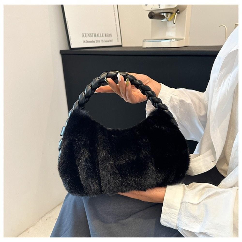 Luxury Furry Shoulder Bag Solid Color Soft Handbag Zipper Fluffy Clutch Bag