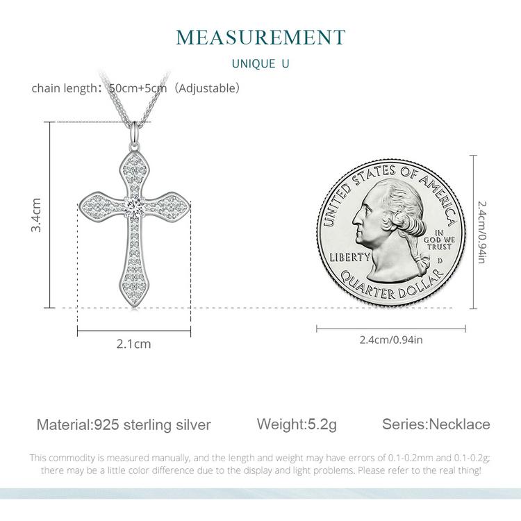BISAER 925 Sterling Silver Cubic Zirconia Cross Pendant Necklace Chopin Chain Adjustable Plated Platinum Women Fine Jewelry
