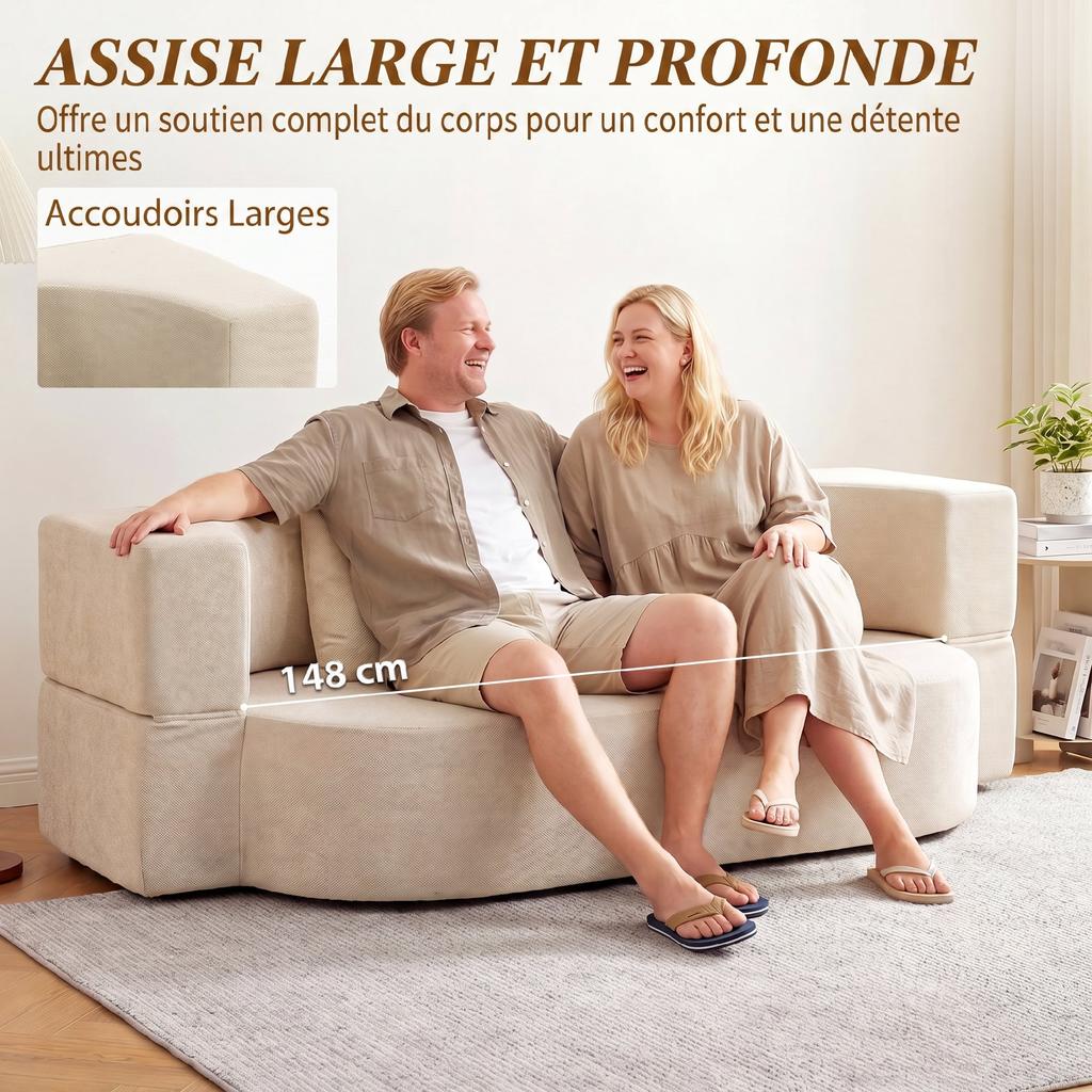 Convertible Sofa Bed, 2-Seater, 190 cm, 2 Pillows, Beige