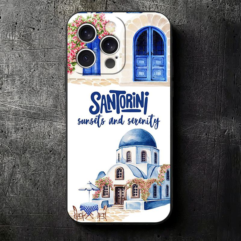 Santorini Greece Summer Soft Phone Case for iPhone 16 16E 17 Air 15 Pro Max 14 Plus 13 Mini 11 12 7 Black Cover Back Shell