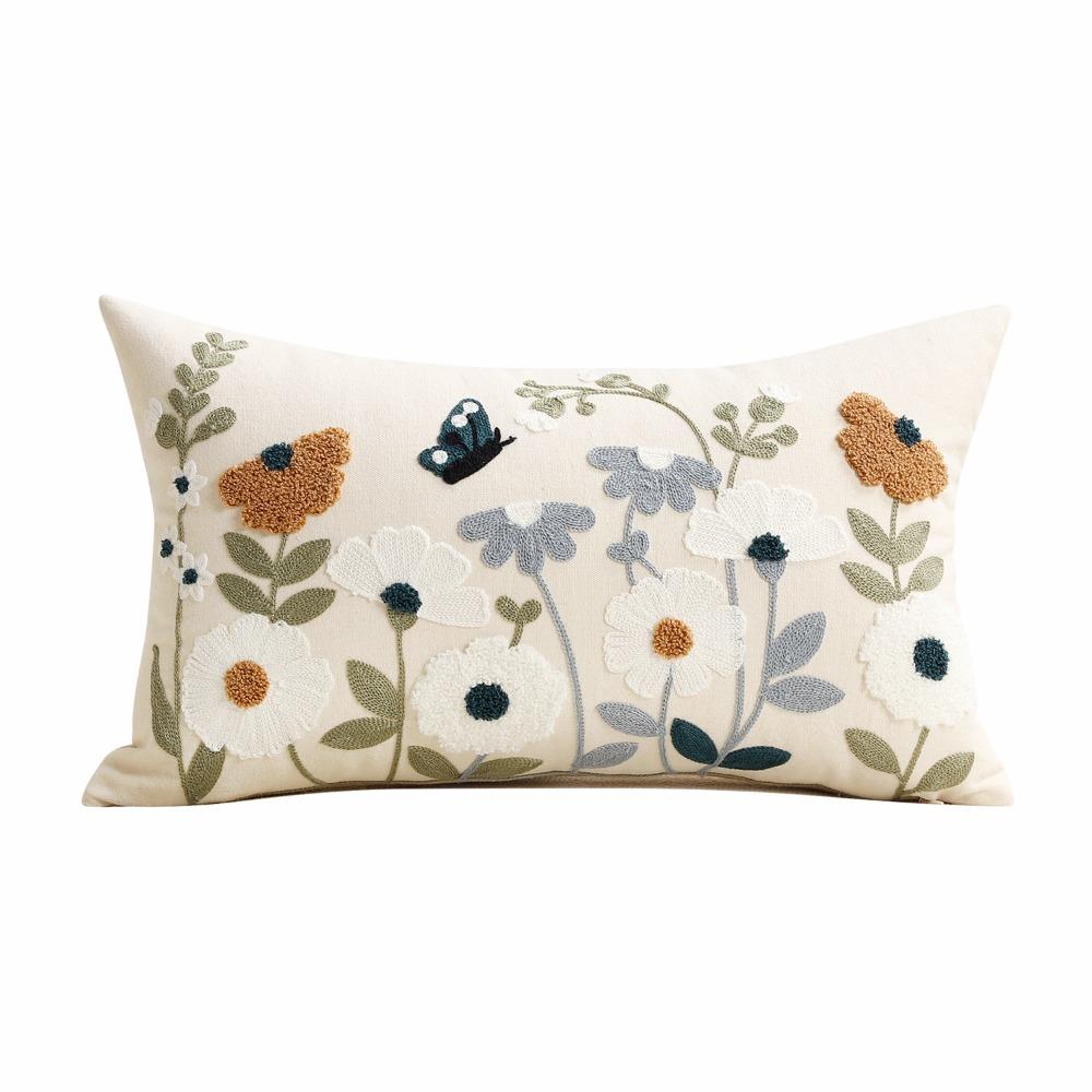 Pastoral Floral Tufted Throw Pillow Cover Canvas Throw Pillowcase  Home Decor Style B