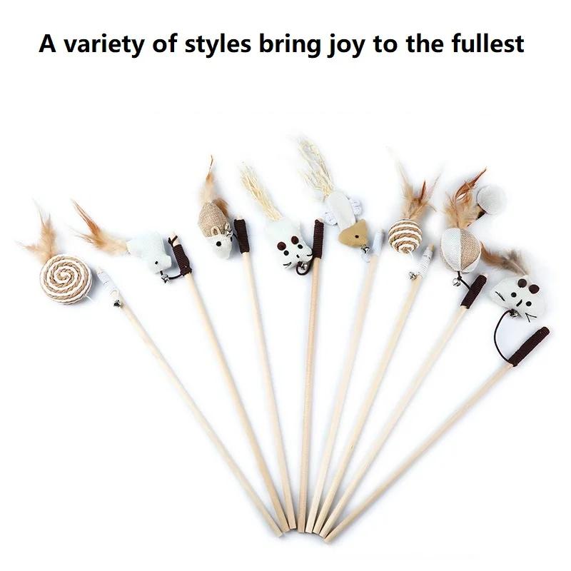 Interactive Cat Feather Teaser Toy Wooden Wand Stick with Linen Mouse for Kitten Play Pet Supplies