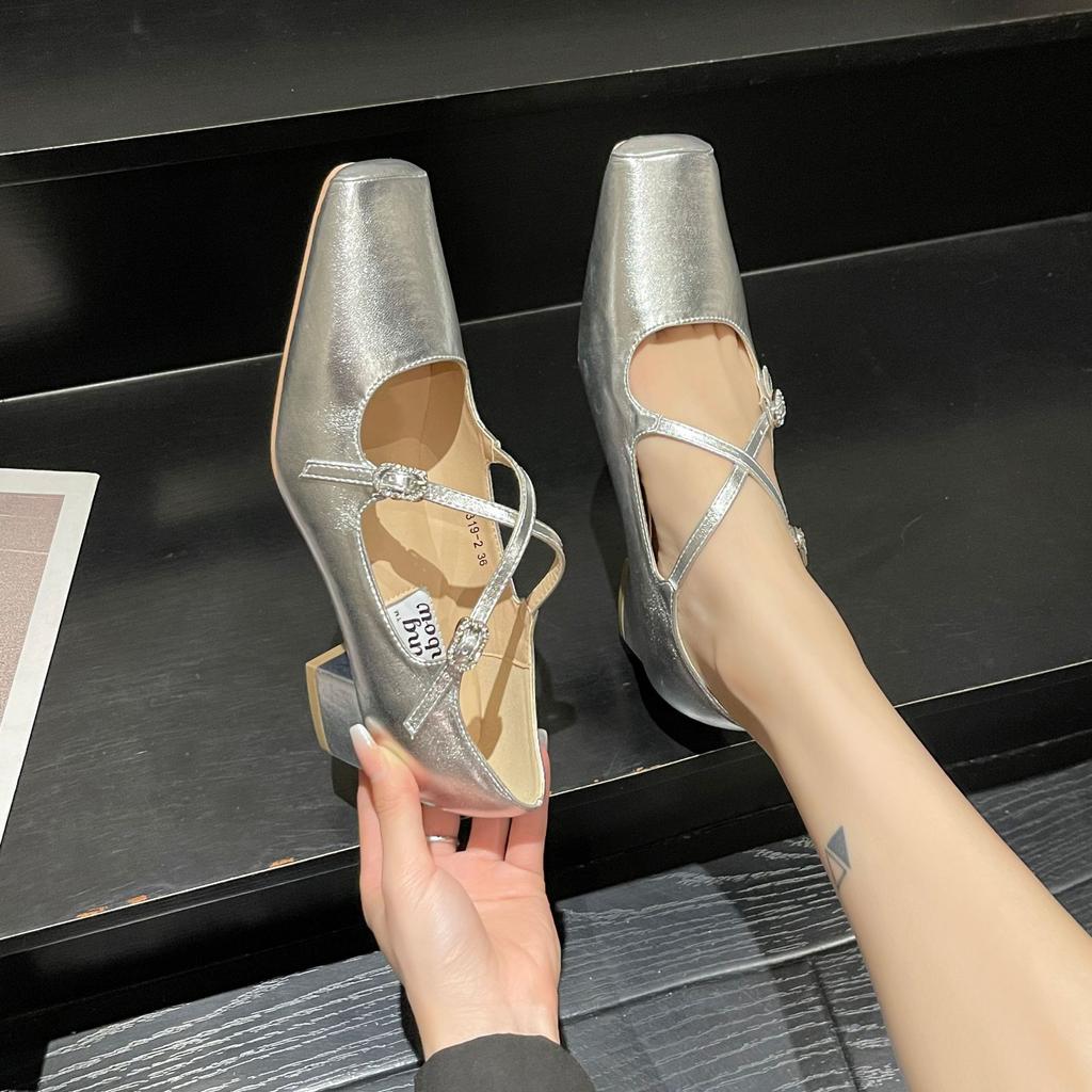 Almond head cross casual French single shoes women's new fashion light mouth square head thick heel Mary Jane shoes
