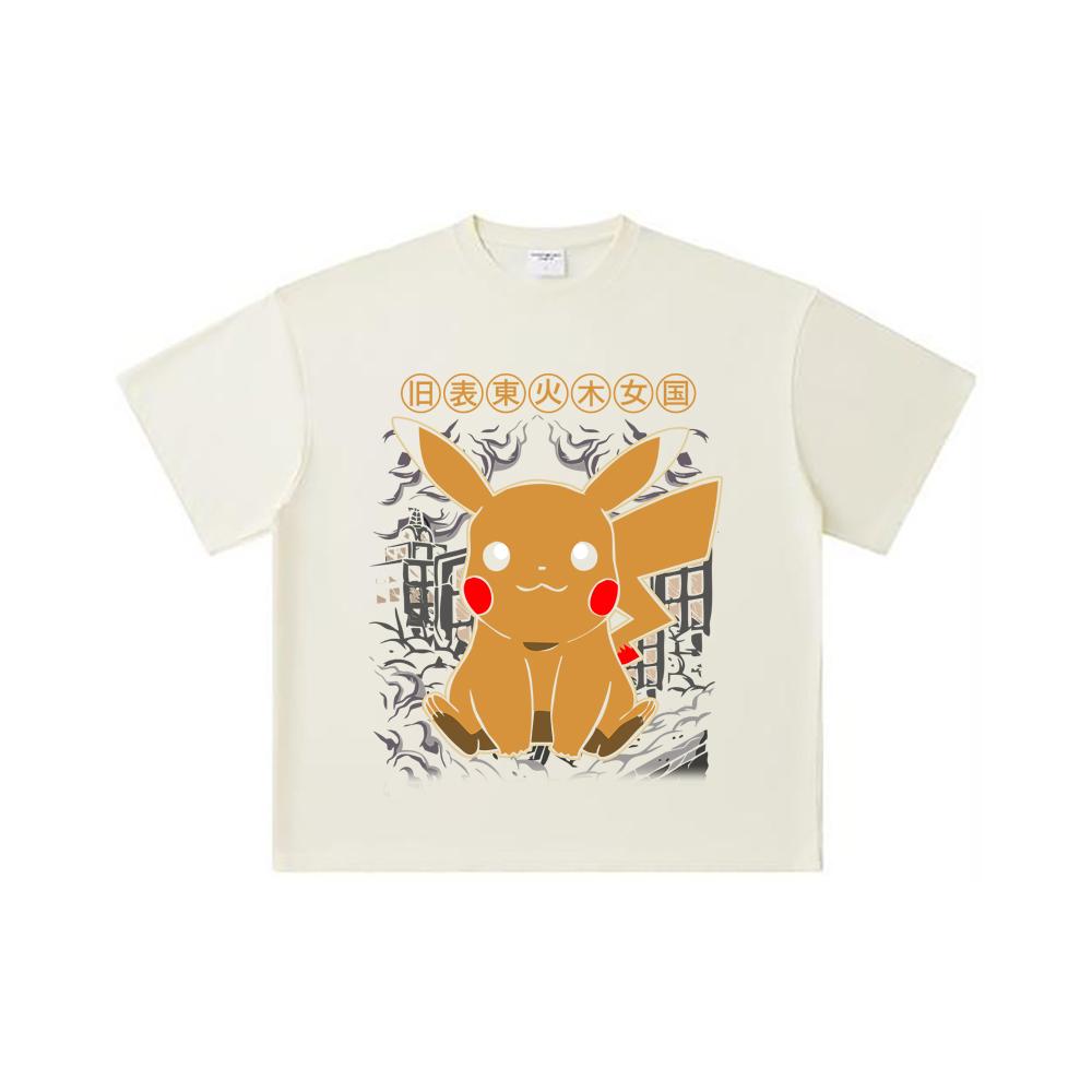 260 GSM Double Yarn 32 Count 100% Cotton Pokemon V22 Pikachu Print Unisex Heavy Cotton T Shirt