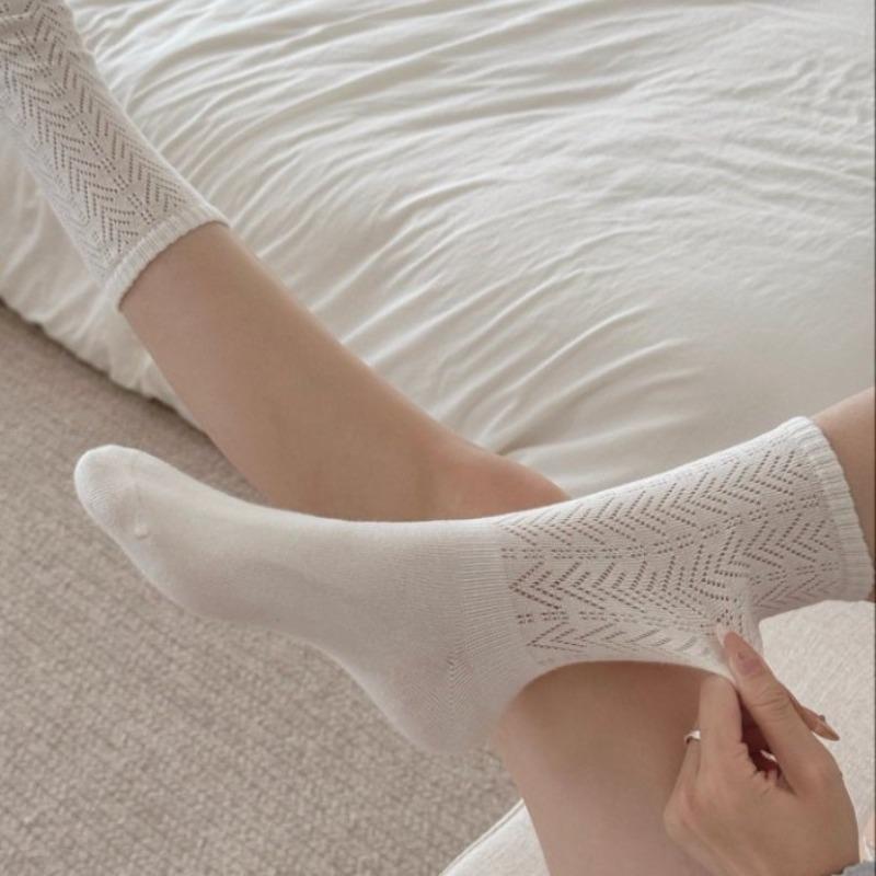 This Spring and Autumn Collection Features Solid-color Hollowed-out Mesh Pile Socks, Mid-calf Socks That Slimmer Legs, and Retro Style Socks
