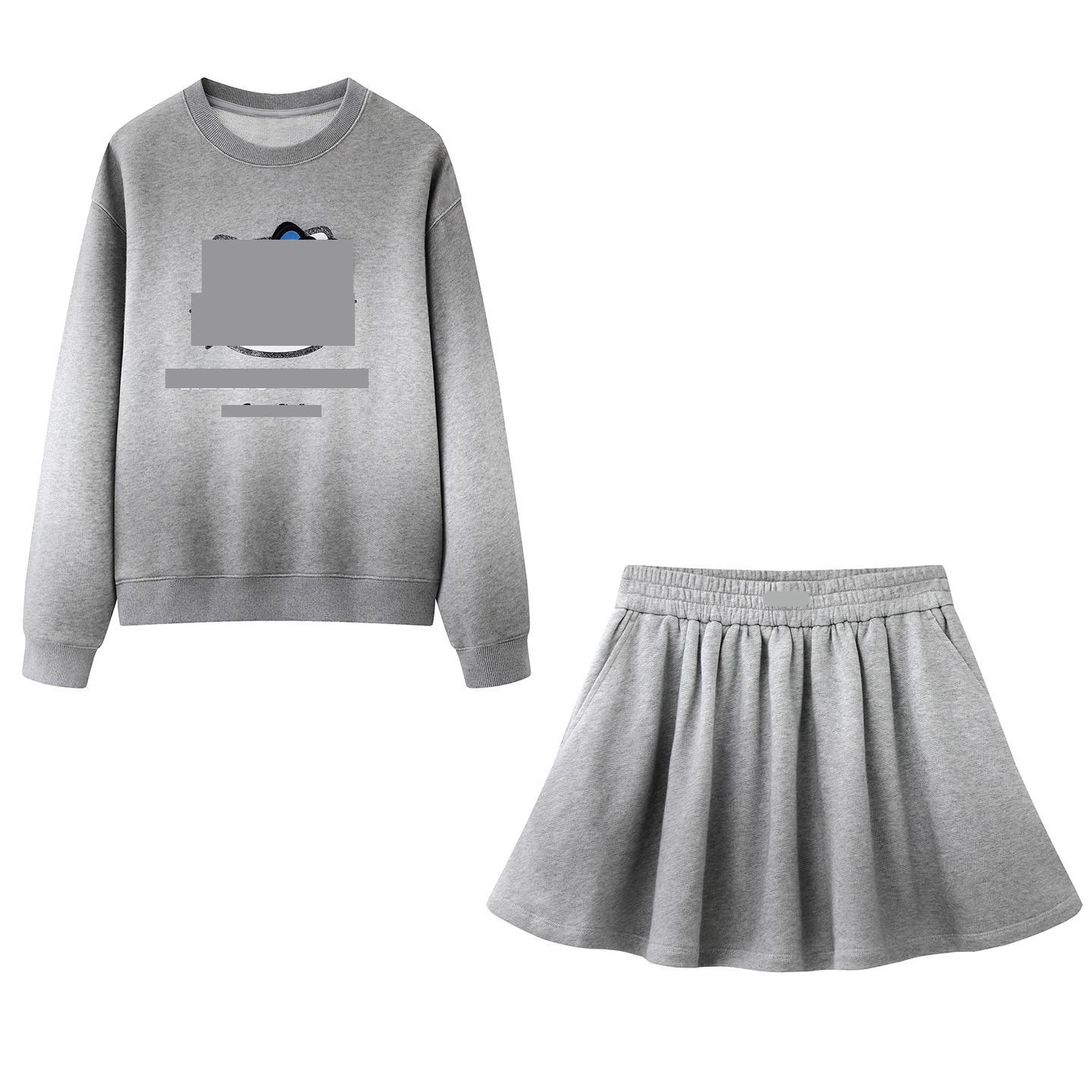 Spring 2026 Women s Cute Cartoon Letter Print Hoodie & Skirt Set Medium серый
