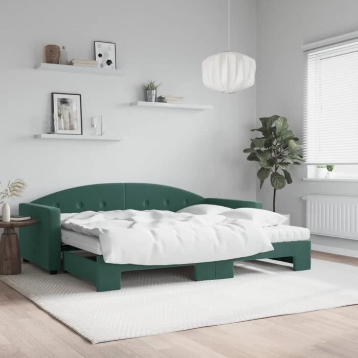 VidaXL Daybed with Trundle and Mattress Dark Green 90x200cm Velvet 3197327