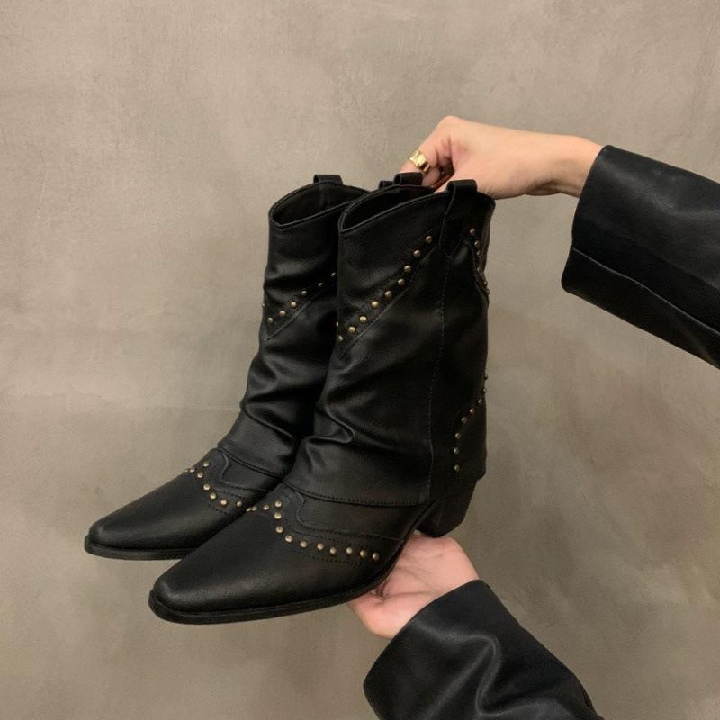 Dicker Absatz spitze Western Cowboy Stiefel Damenstiefel neue dünne kurze Stiefel Frühling und Herbst Einzelstiefel braune Martin Stiefel