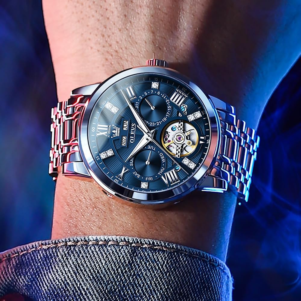 OLEVS Automatic Mechanical Skeleton Luxury Dress Watch Stainless Steel Diamond Men's Watch Blue