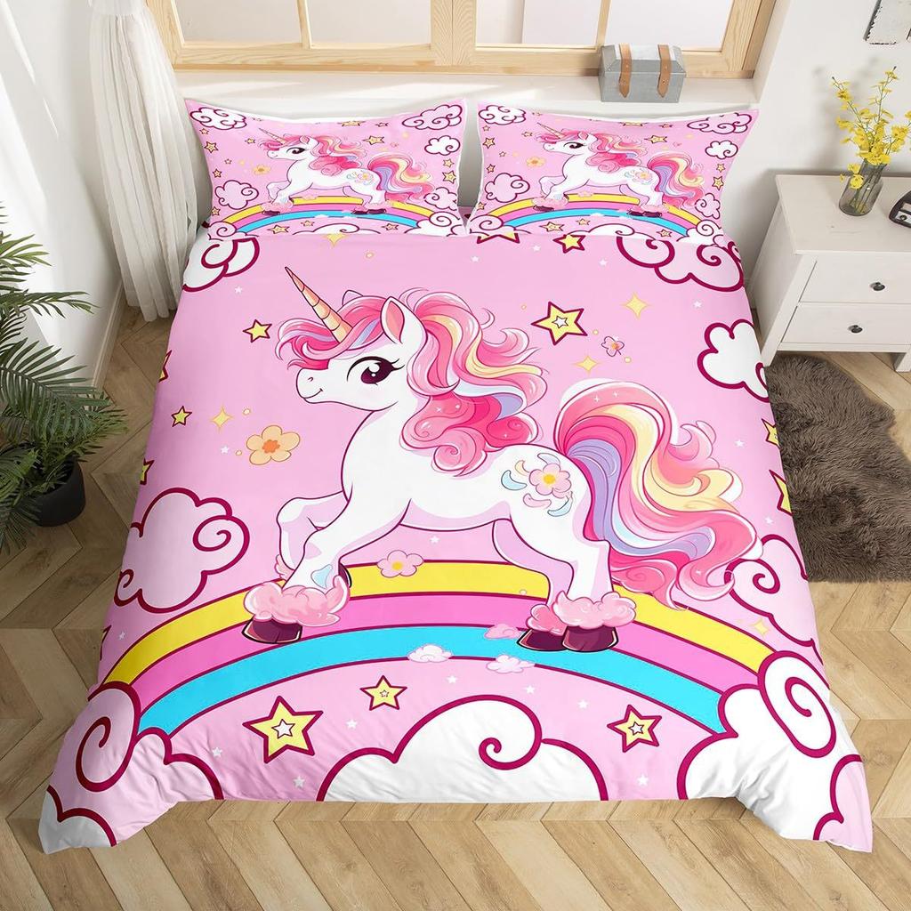 Dreamy Unicorn Duvet Cover Set Queen Size3 Pcs Rainbow Starry Sky Bedding Sets Pink Blue Unicorn Comforter Cover Set For Kids