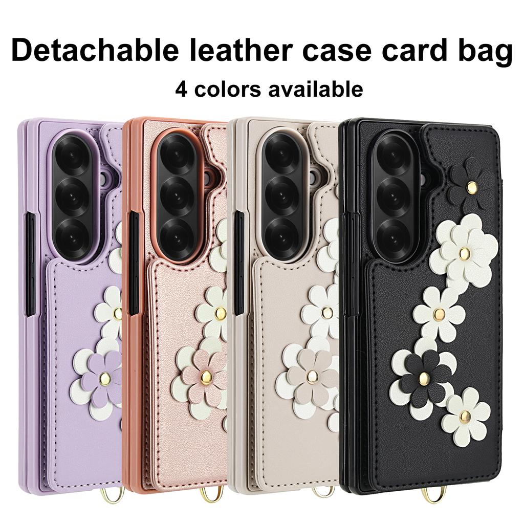 Crossbody Flower Wallet Leather Phone Case For Samsung Galaxy Z Fold 7 6 5 4 5G Fold7 Magnetic Button Card Bag Slot Pocket Cover