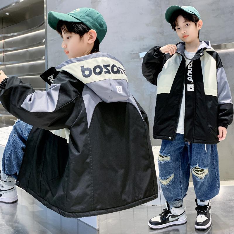 Boys' Fashion Coat Spring and Autumn Children's Bear Print Hooded Trench Coat