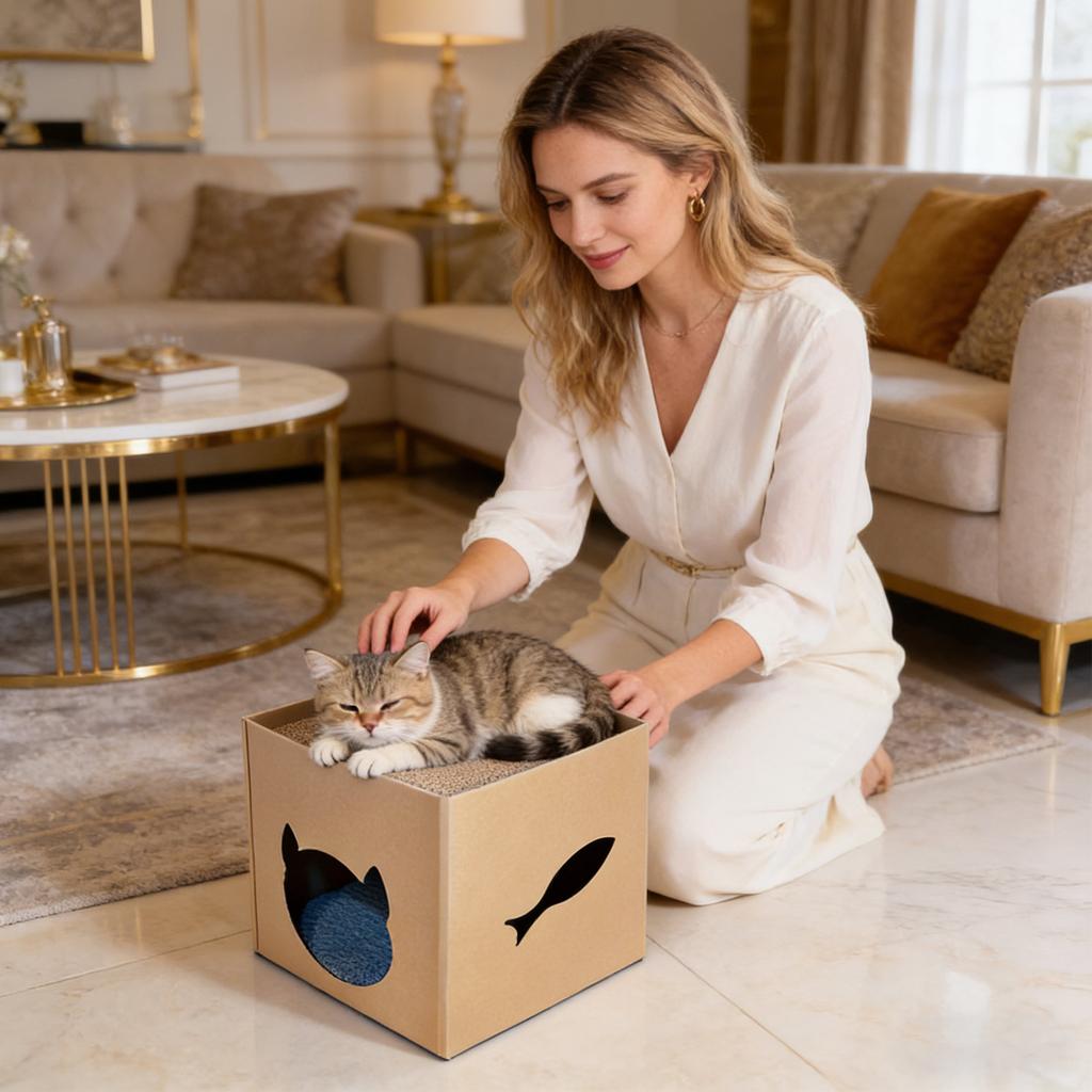 Cardboard House With Scratching Board, Corrugated Cardboard Cave And Scratching Toy, Suitable For Indoor Cats And Kittens To Sleep And Play.