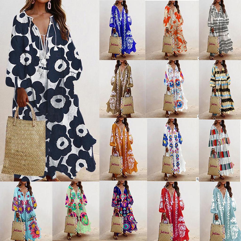 Women's Fashion Casual Bohemian Style V-Neck Long Sleeve Long Dresses Dresses