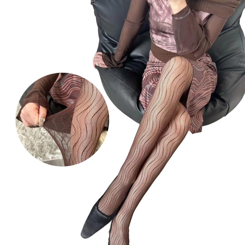 Women Sexy Hollow-Out Fishnet Pantyhose Water Ripple Striped Patterned Bottoming Leggings Fine Mesh Tights Stockings