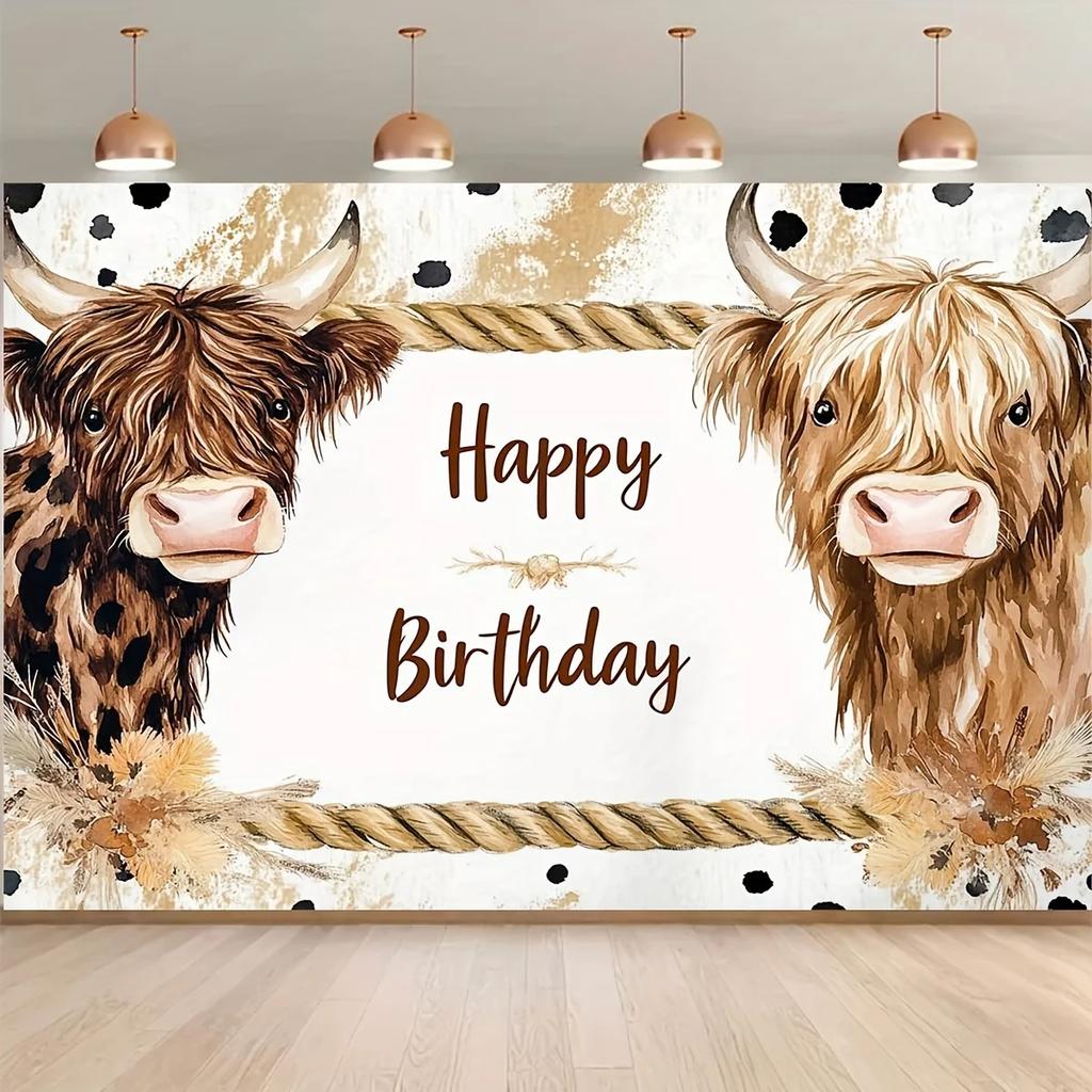Background Banner - Cute Highland Cattle Birthday Celebration - Patterned Background Fabric, Used for Photo Party Supplies
