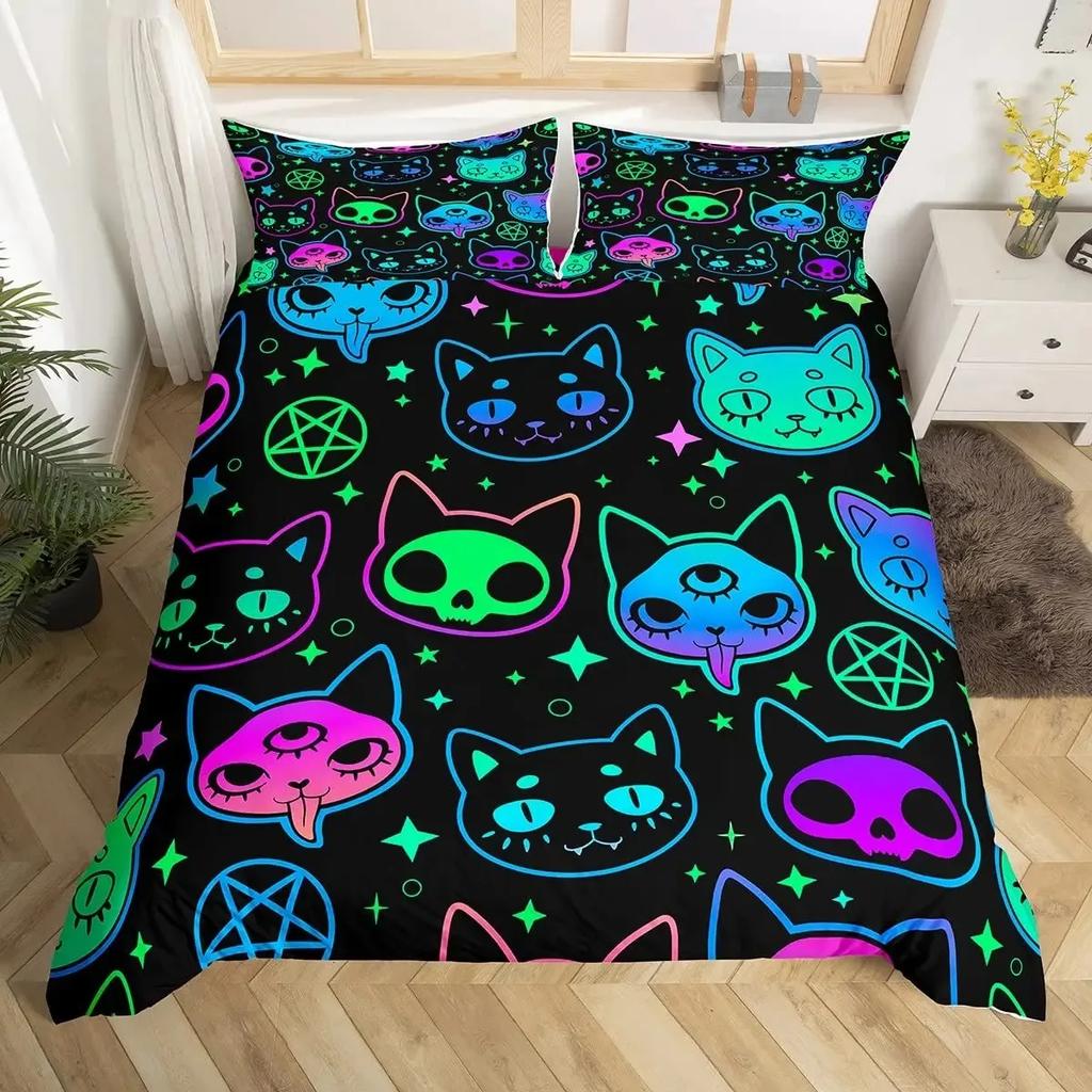 Katzenknochen-Bettwäscheset Full QueenHalloween Gothic Totenkopf Bettwäscheset SchwarzWeiß Galaxie Bettdeckenbezug Steppdeckenbezug