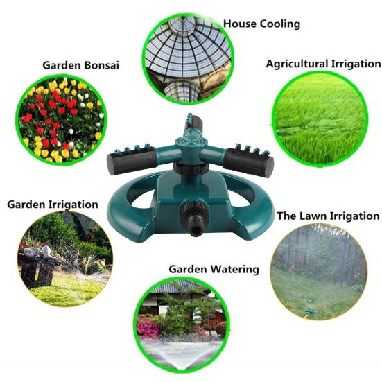 Aspersor de gramado giratório de 360 graus com design de 3 braços, instalação simples e universal, cobertura mais ampla, jardim automático