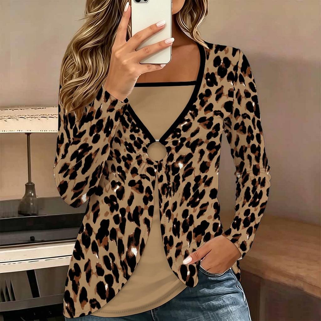 Tops for Women  Floral Print Long Sleeve Fake Two‑Piece Top Fall Casual Slim Pullover Women's Long Sleeve Top