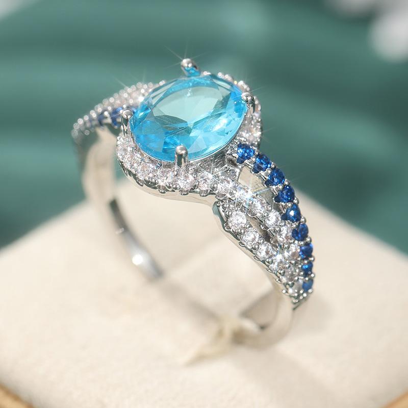 Luxury Sparkling Blue Synthetic Zirconia Wedding Silvery Plated Ring Women's Fashion Elegant Engagement Jewelry Accessories Gift