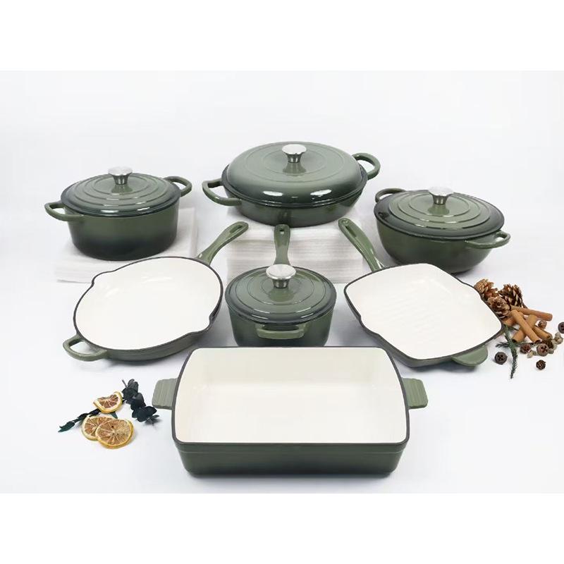 Emaljerat gjutjärn 7-delars set: Soppgryta, Mamma-gryta, Stekpanna, Non-stick-panna