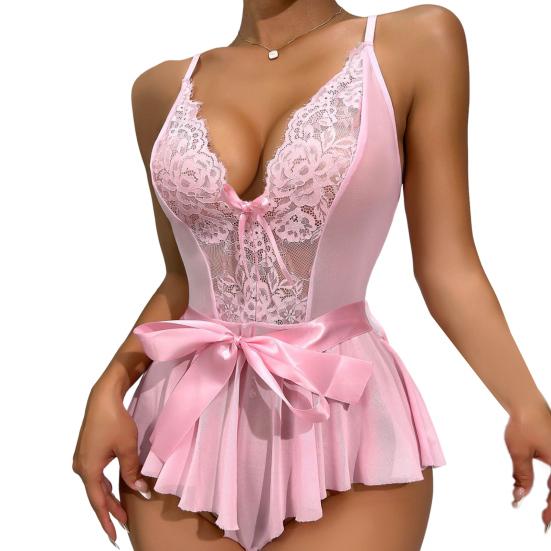 Women Bedroom Bodysuit V Neck See-through Lace Patchwork Bow Ruffle Playsuit Off Shoulder Backless Adjustable Spaghetti Strap Nightdress for