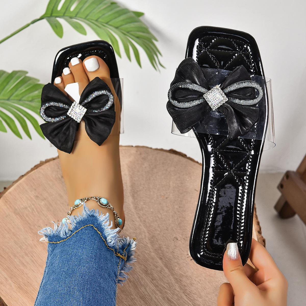 

Плоские тапочки с большим бантом для женщин, новый стиль верхней одежды, модные квадратные тапочки с прозрачным ремешком в одну линию 36 чёрный