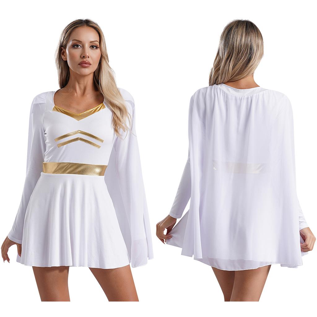 Womens Halloween Cosplay Costume V Neck Long Sleeve Metallic Trim Chiffon Cape Dress Roman Dress Up