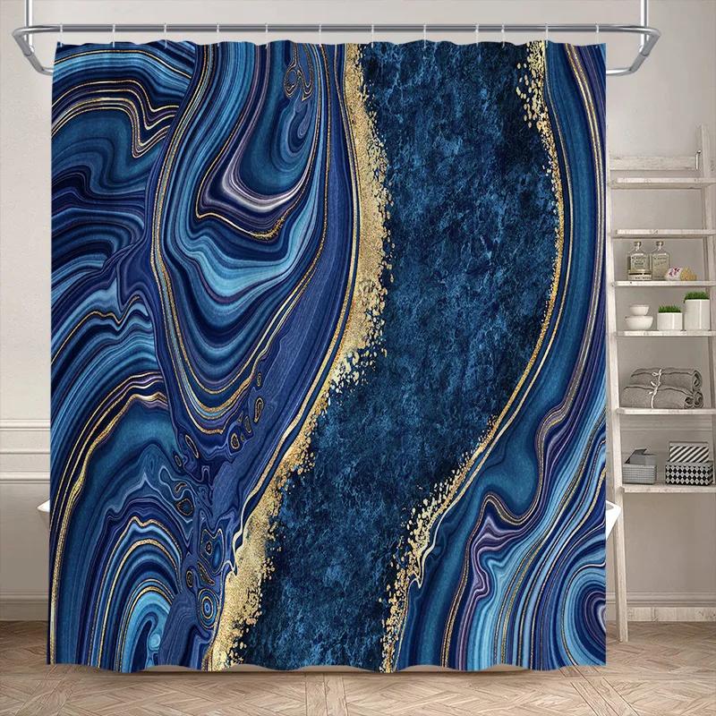 Abstract Marble Shower Curtains Black Green Textured Gold Crackle Modern Geometric Pattern Bathroom Curtain Decor Set with Hooks