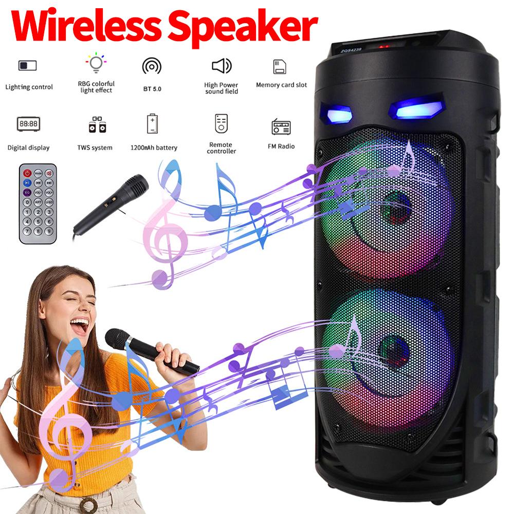 Bluetooth-Compatible Speaker Loud Boombox with Double Subwoofer Deep Bass Lights Outdoor Speaker Support USB/TF/AUX/FM/BT/MIC