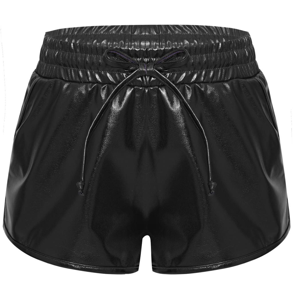 Meisjes Metallic Korte Broek Trekkoord Elastische Tailleband Glanzende Hotpants Dans Bodems Zakken Sportkorte Broek