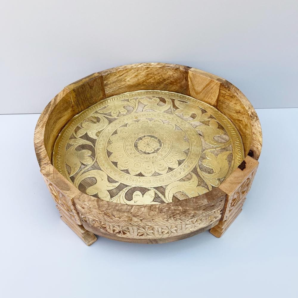 Wooden Brass Side Chakki Grinder Stool Table For Home Decor Furniture | Indian Central Coffee Table Art Decor Stool, End Table Aata Chakki