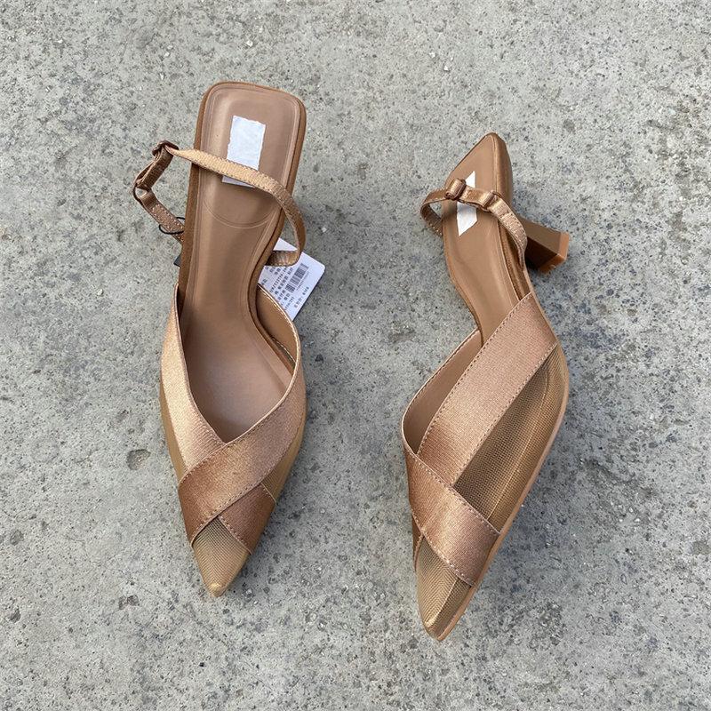 Fashion Trendy Brand 2025 French Pointed-Toe Style Cross-Mesh Thin Heel High Heels With Elastic Backheel Straps For Women'S Sandals
