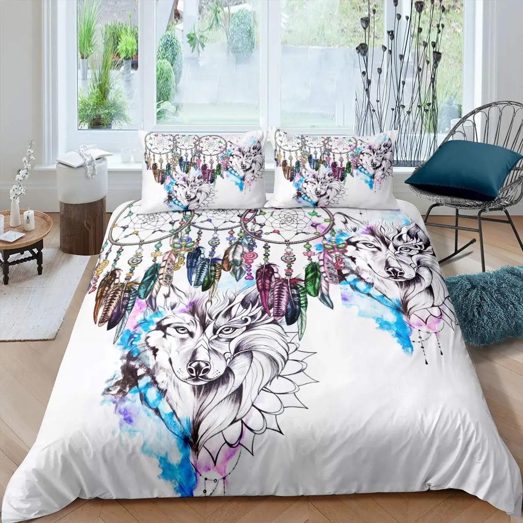 Wolf Dreamcatcher Duvet Cover Set Full Size Indian Dreamcatcher Animal 3D Bedding Set Exotic Style Bohemia Comforter/Quilt Cover