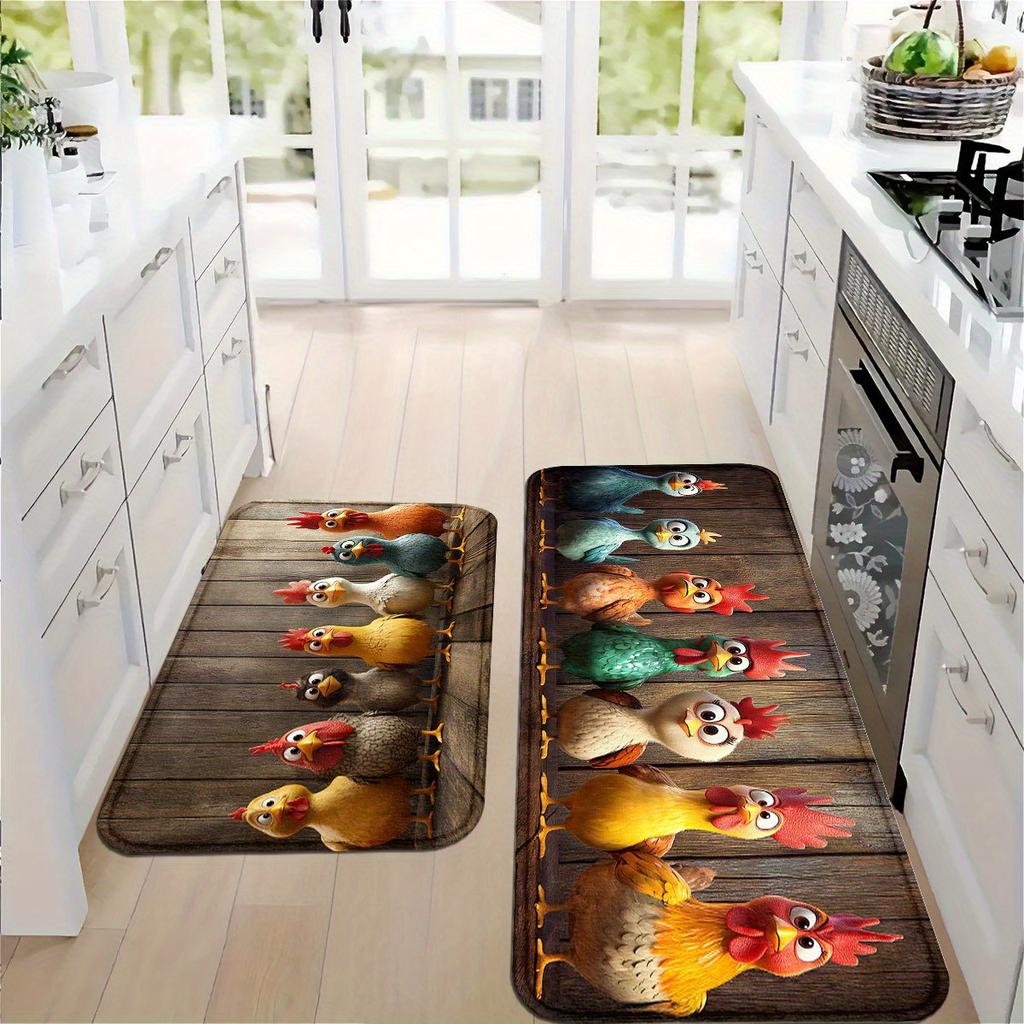 Cartoon Chicken Wood Grain Welcome Doormat, Non Slip Floor Mat for Kitchen Bathroom Patio and Balcony, Spring Summer Decor